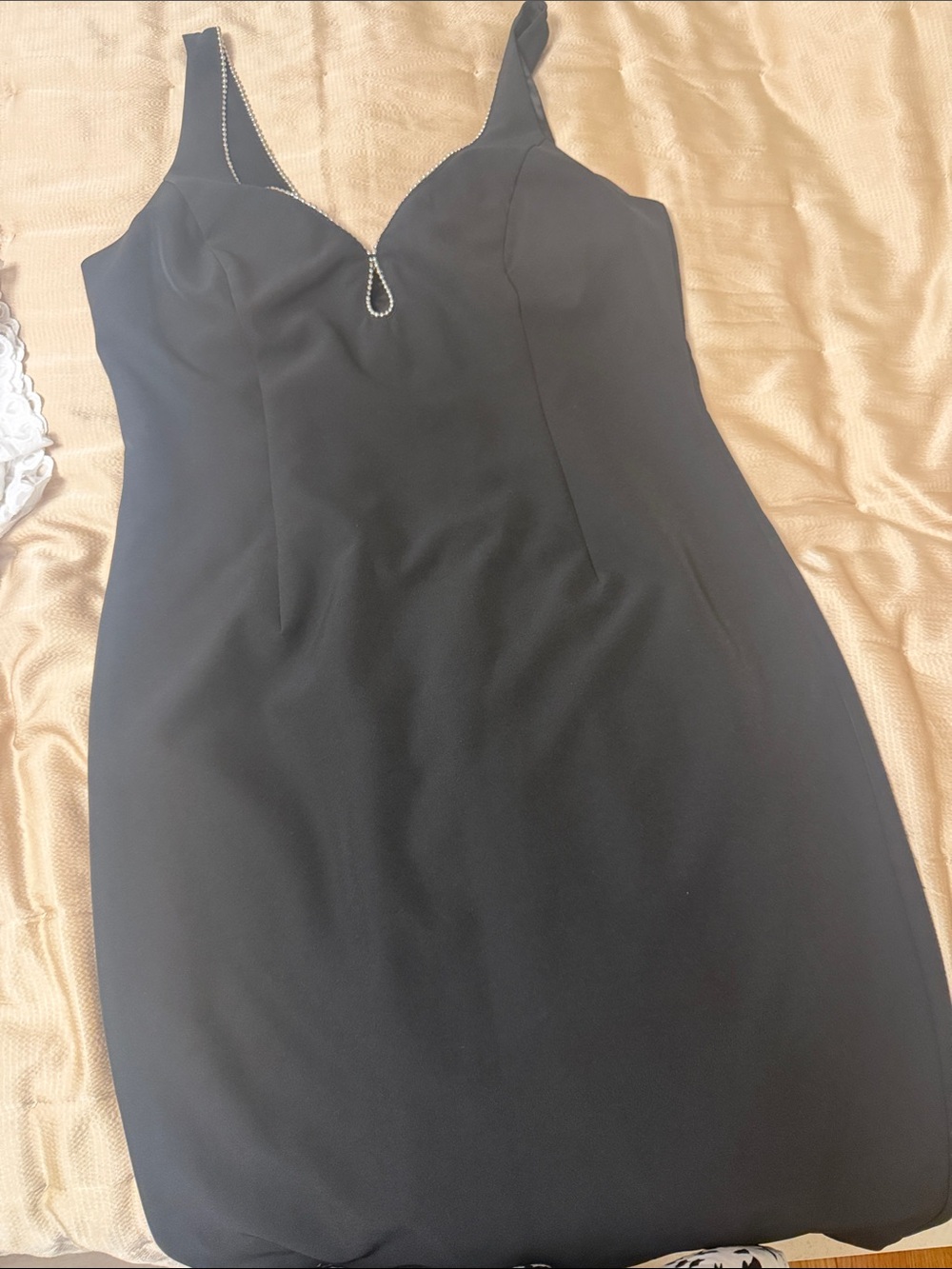 Bardot Black Midi Bodycon Dress with Rhinestone Teardrop
